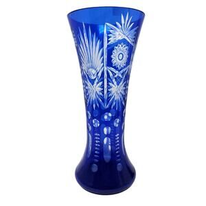 Bohemian Cobalt Blue Cut to Clear Glass Crystal Vase 12 in Vintage 70s